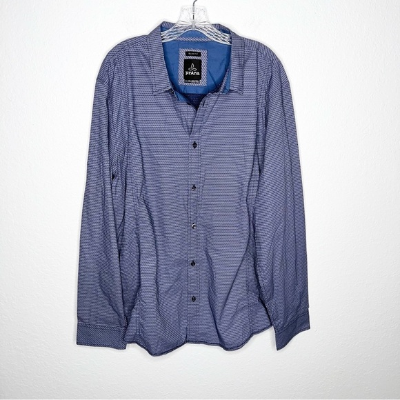 Prana Shirt Mens XXL Button Down Blue Long Sleeve Printed Dress Slim Fit Shirt H - Picture 1 of 9